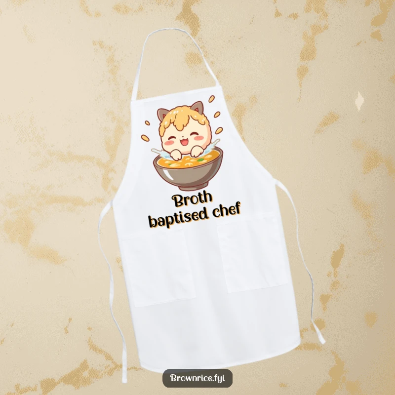Funny brown rice character splashing in broth, shown on a humorous and practical kitchen apron.