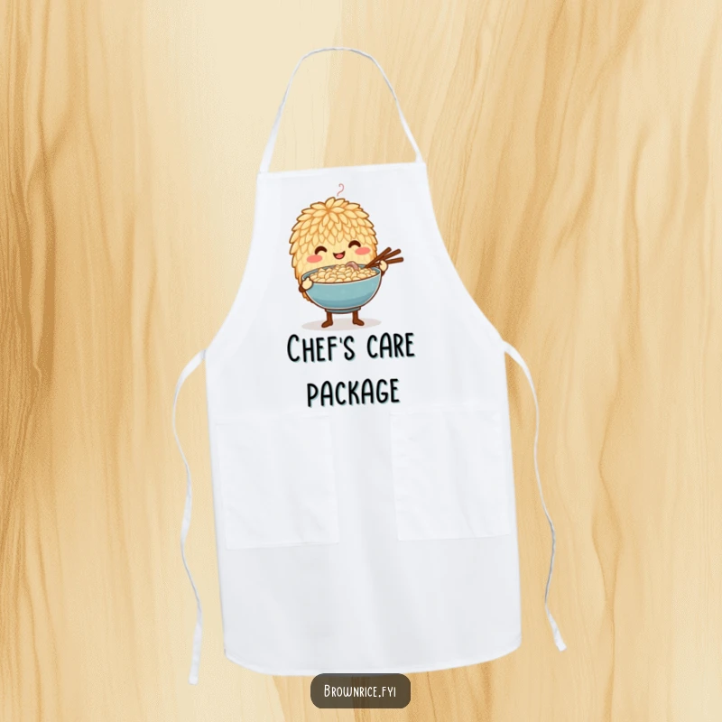 Funny apron depicting a brown rice grain character tenderly offering a steaming bowl, symbolizing compassionate cooking and loving service.