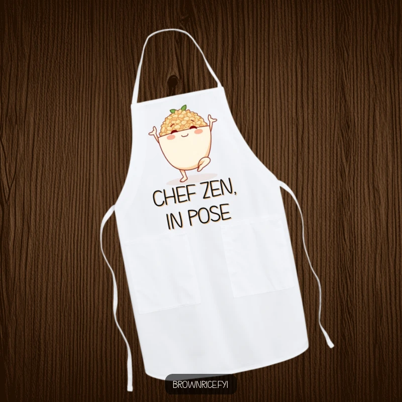 Funny apron showcasing a smiling brown rice bowl character in a yoga pose, ideal for a peaceful and humorous cooking experience.