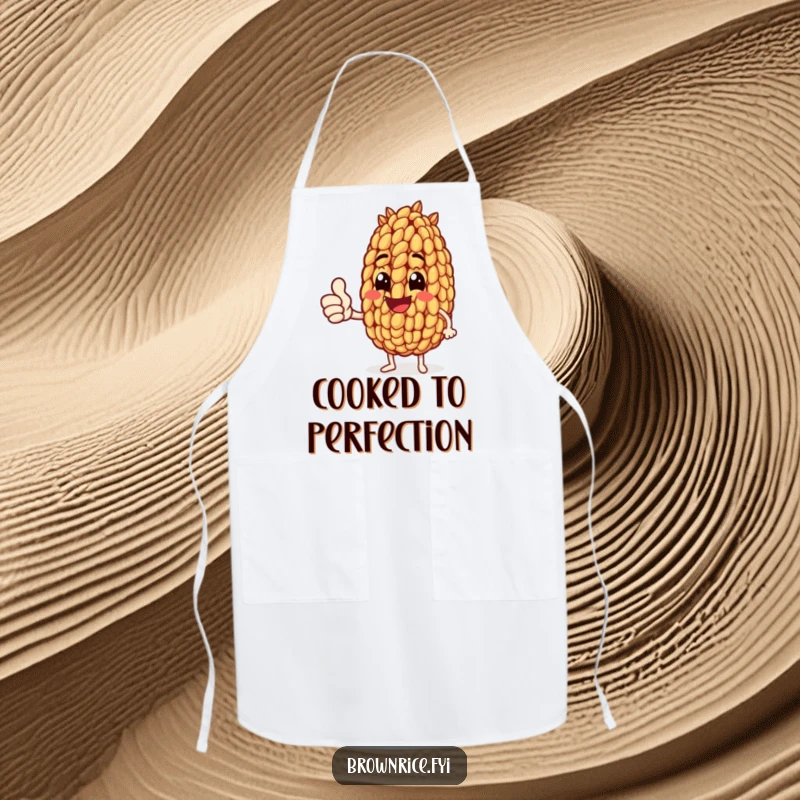 Funny apron showcasing a brown rice grain character enthusiastically giving a thumbs up, adding a humorous touch to kitchen duties.
