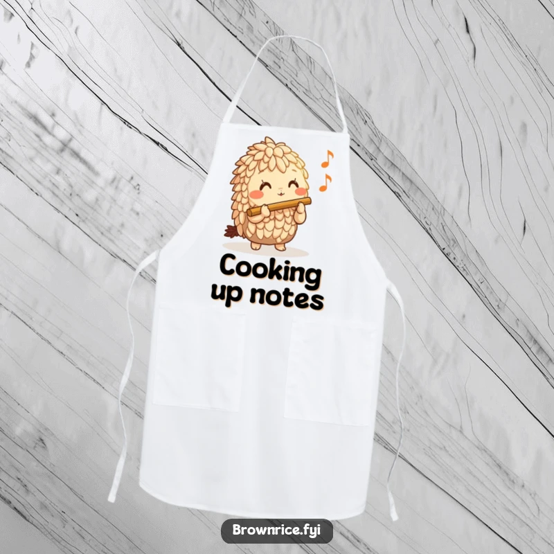 Funny Brown Rice Apron featuring a happy brown rice character playing a miniature flute, ideal for musical chefs and kitchen fun.