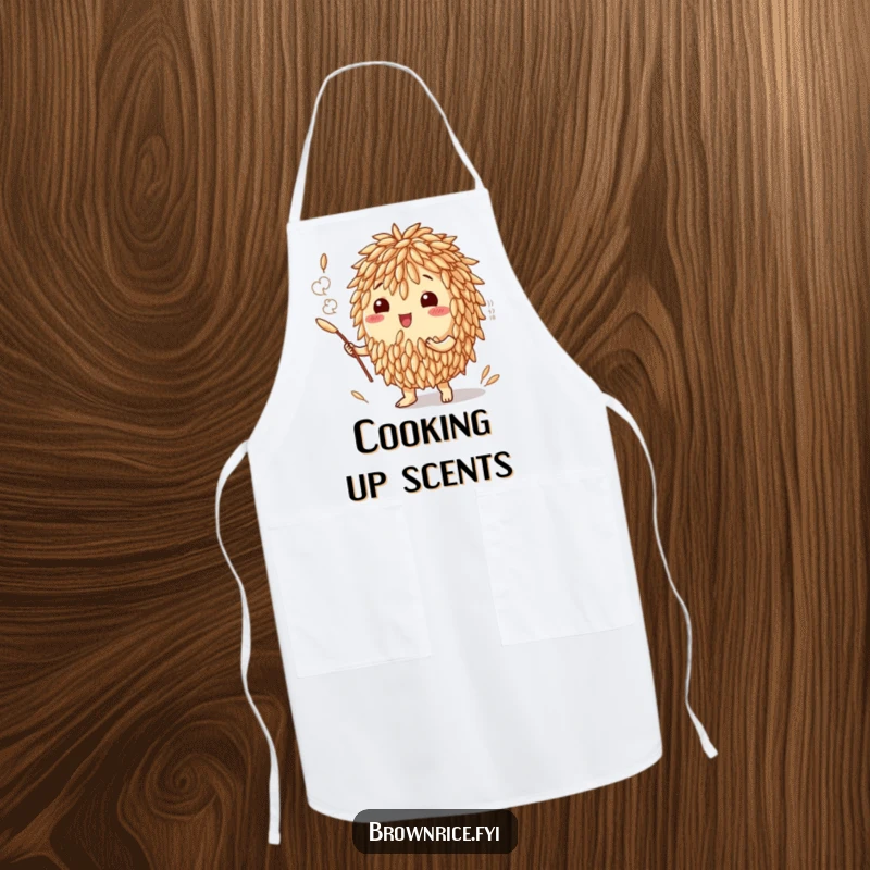 Funny apron showcasing a brown rice grain character producing a visible, enticing cloud of delicious aroma, hinting at culinary masterpieces.