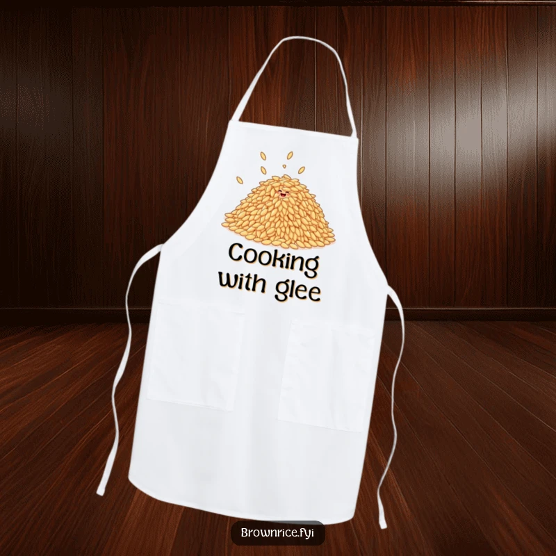 Funny pile of brown rice grains giggling and bouncing, printed on a practical and cheerful kitchen apron.