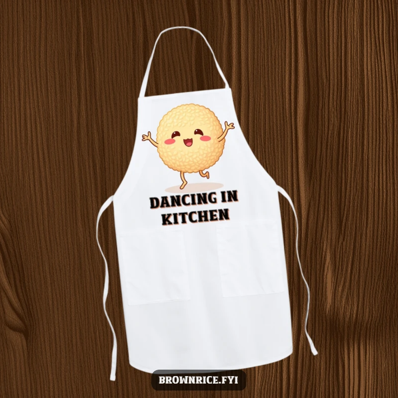 Funny brown rice ball doing a silly dance with wobbly legs, a durable kitchen apron with a cute and humorous cartoon illustration.