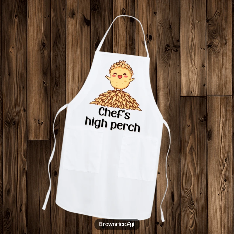 Funny apron illustrating a brown rice character grinning while balancing on a pile of rice, a superb funny gift.