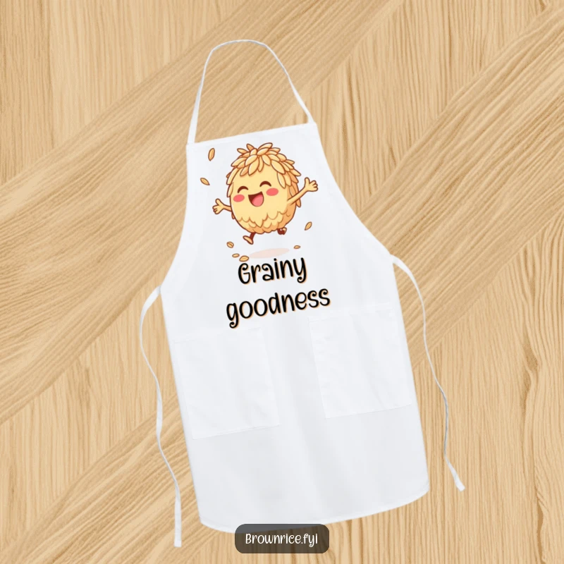 Anthropomorphic brown rice character joyfully bouncing a grain, a humorous and functional apron.