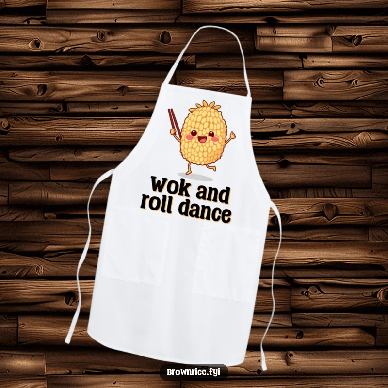 Funny apron with a brown rice grain character joyfully dancing with chopsticks, ideal for chefs who love to cook and laugh.