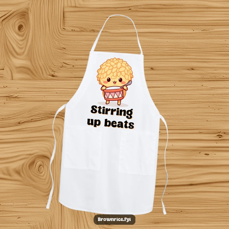 Funny brown rice character playing a drum with a spoon, shown on a humorous and practical kitchen apron.