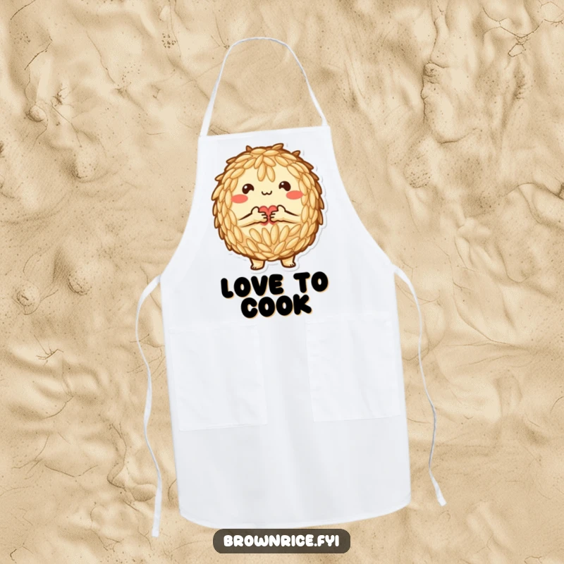 Funny Apron: A brown rice character making a heart shape with grains, adding love to the kitchen.