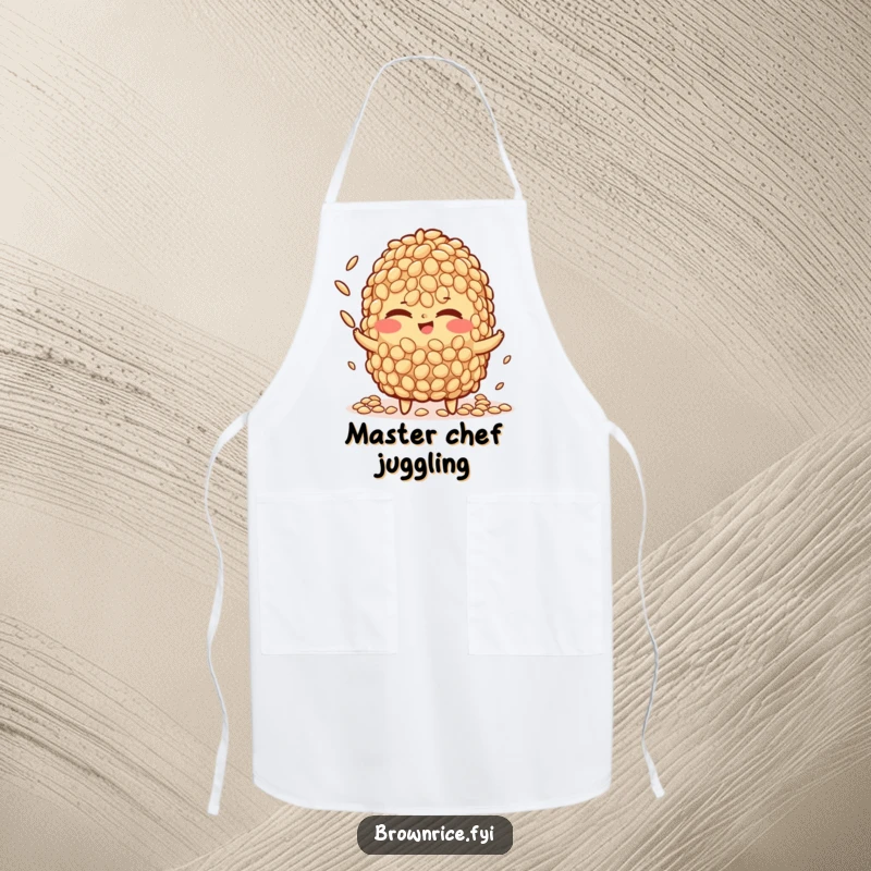 Funny brown rice character apron, winking slyly while juggling miniature grains of rice, ready to assist in the kitchen with humor.
