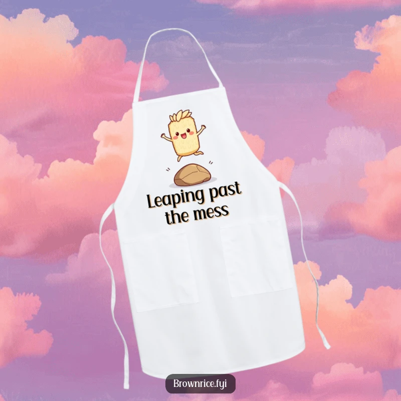 Funny apron showcasing a brown rice character joyfully leaping over a small pebble, ideal for a fun and energetic cooking experience.