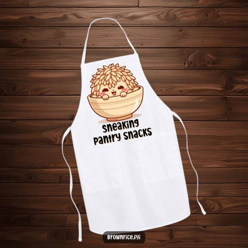 Funny apron depicting a mischievous brown rice grain character peeking from a bowl, perfect for kitchen fun.