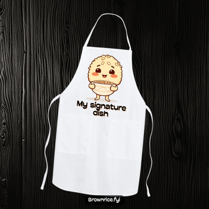 Funny Brown Rice Apron featuring a proud brown rice character holding an empty bowl, perfect for chefs who love to showcase their work.