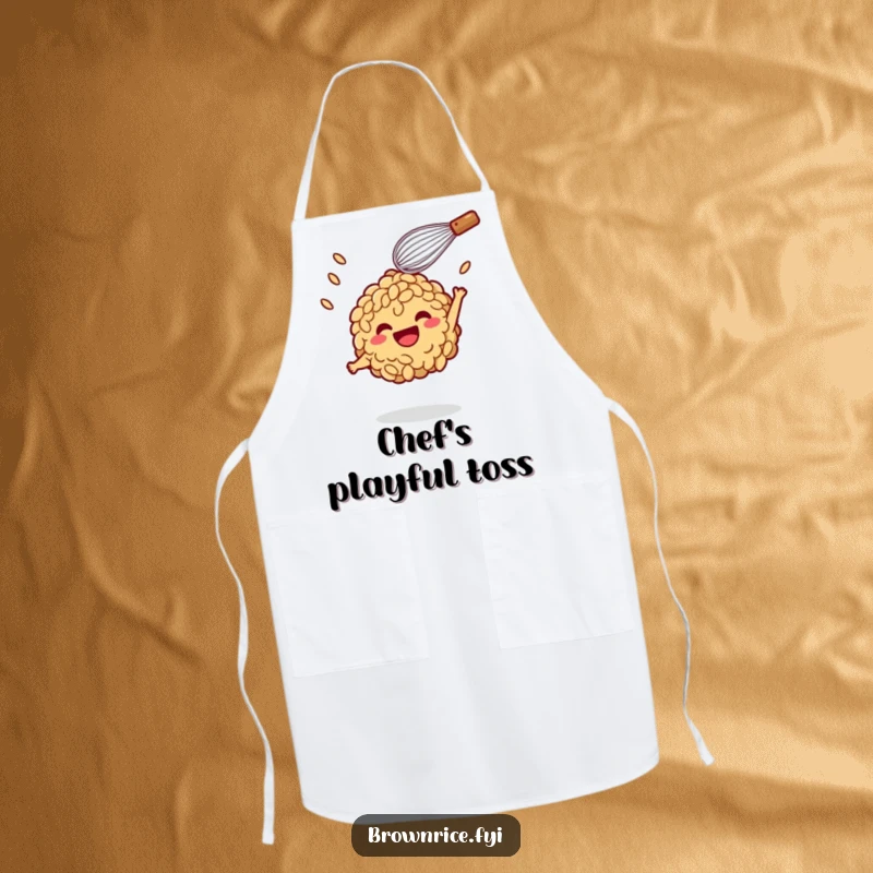 Funny Apron: A smiling whisk playfully tossing a brown rice character, adding humor to any cooking session.