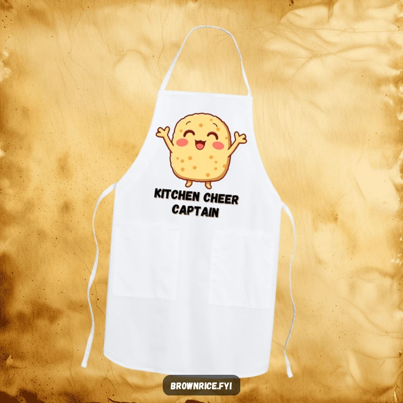 Funny brown rice patty with little arms cheering, printed on a practical and fun kitchen apron.