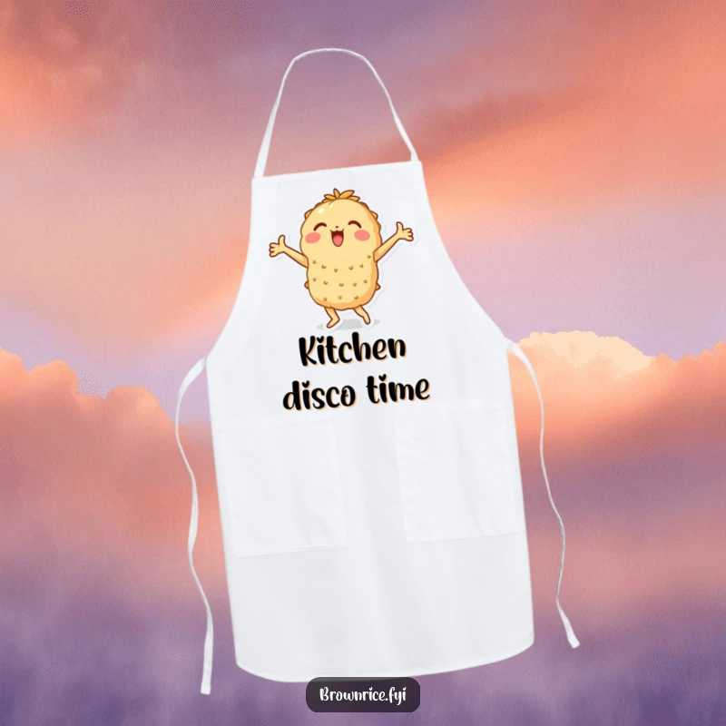 Funny apron illustrating a brown rice character performing a joyful dance with arms spread wide, a superb funny gift.