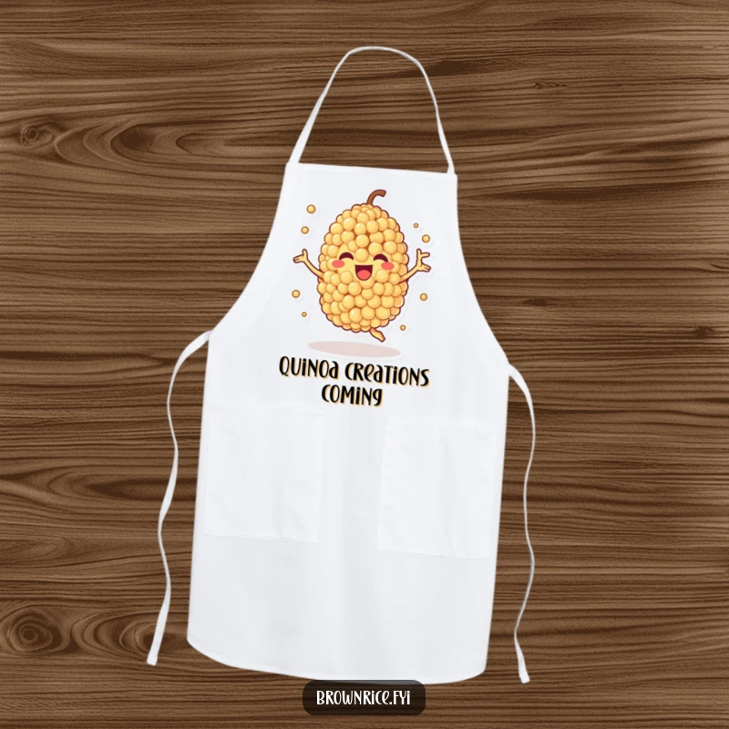 Funny apron with a quinoa grain character spinning happily, making kitchen tasks more energetic and humorous.