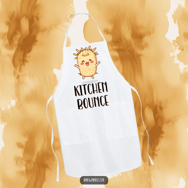 Funny apron with a happy brown rice character bouncing, perfect for energetic kitchen sessions.