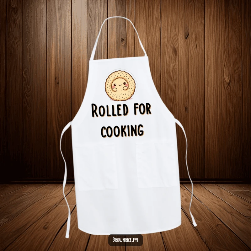 Funny Apron: A brown rice character playfully rolled into a round ball, adding charm to cooking.