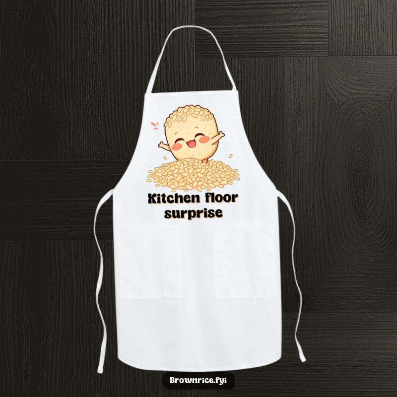 Funny apron illustrating a brown rice character comically slipping on spilled rice, a superb funny gift.