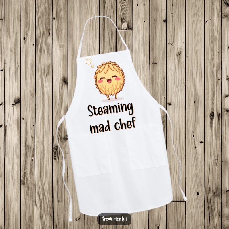 Funny giggling brown rice grain character in a steamy gust, adding a touch of humorous delight to this kitchen apron.