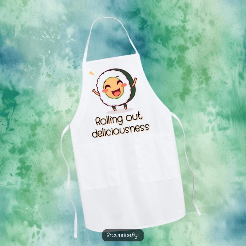 Funny apron with a smiling sushi roll character wiggling happily, making kitchen tasks more enjoyable and humorous.