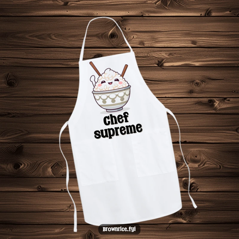Funny rice bowl character with chopsticks raised in victory, designed for a practical and humorous apron.