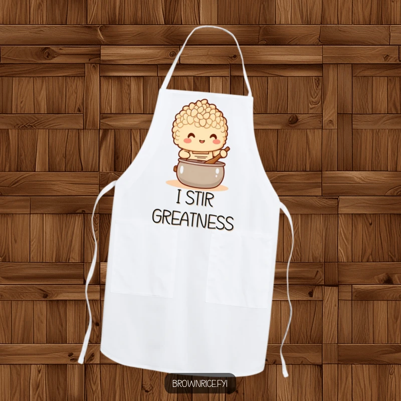 Funny Apron: A brown rice character in a tiny apron happily stirring a pot, adding fun to cooking.