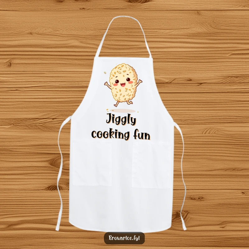 Funny apron with a brown rice grain character doing a happy, bouncy jig with a sprinkle of sesame, for jovial chefs.