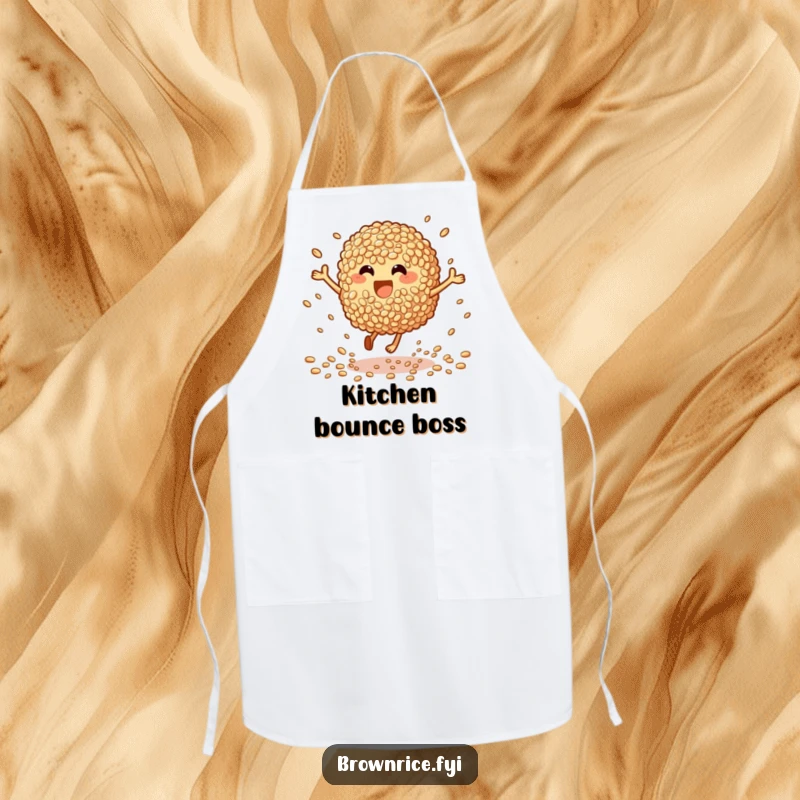 Funny Apron: A brown rice character enthusiastically bouncing, grains flying, adding fun to cooking.