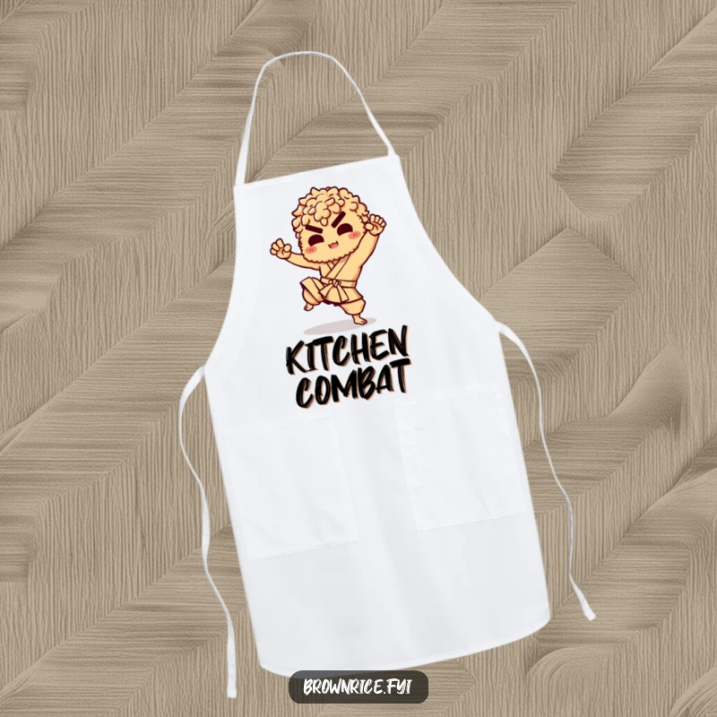 Funny apron showcasing a brown rice character performing a martial arts kick, adding a humorous and energetic touch to kitchen duties.