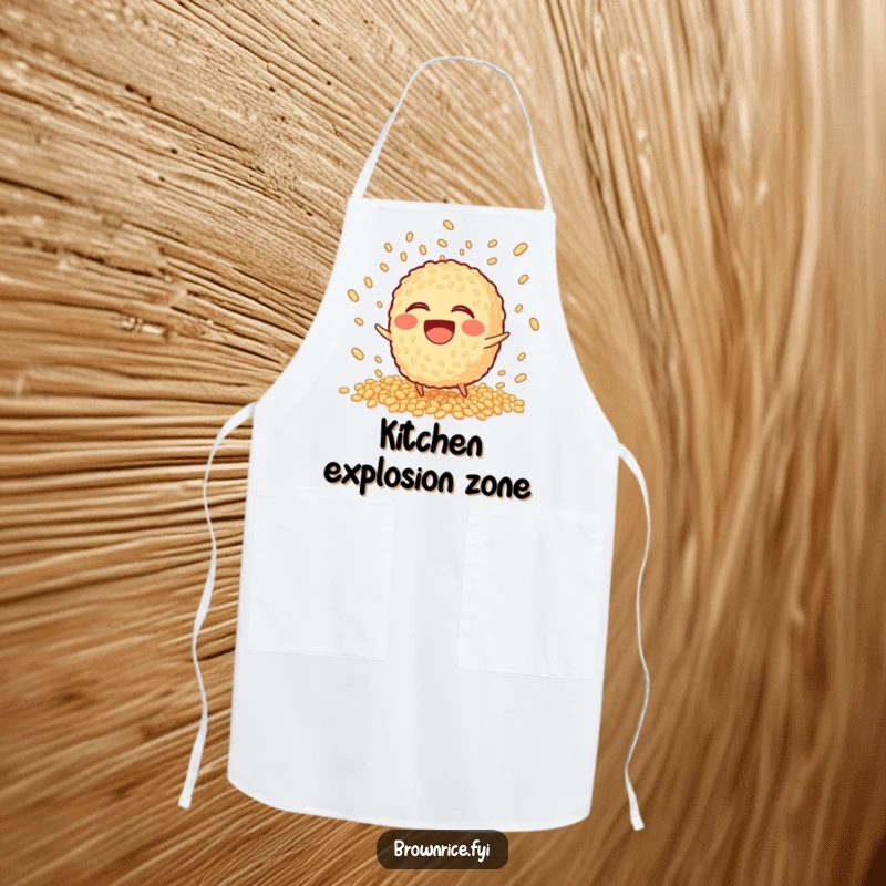 Funny Apron featuring a laughing brown rice character tripping and scattering grains in a playful explosion.