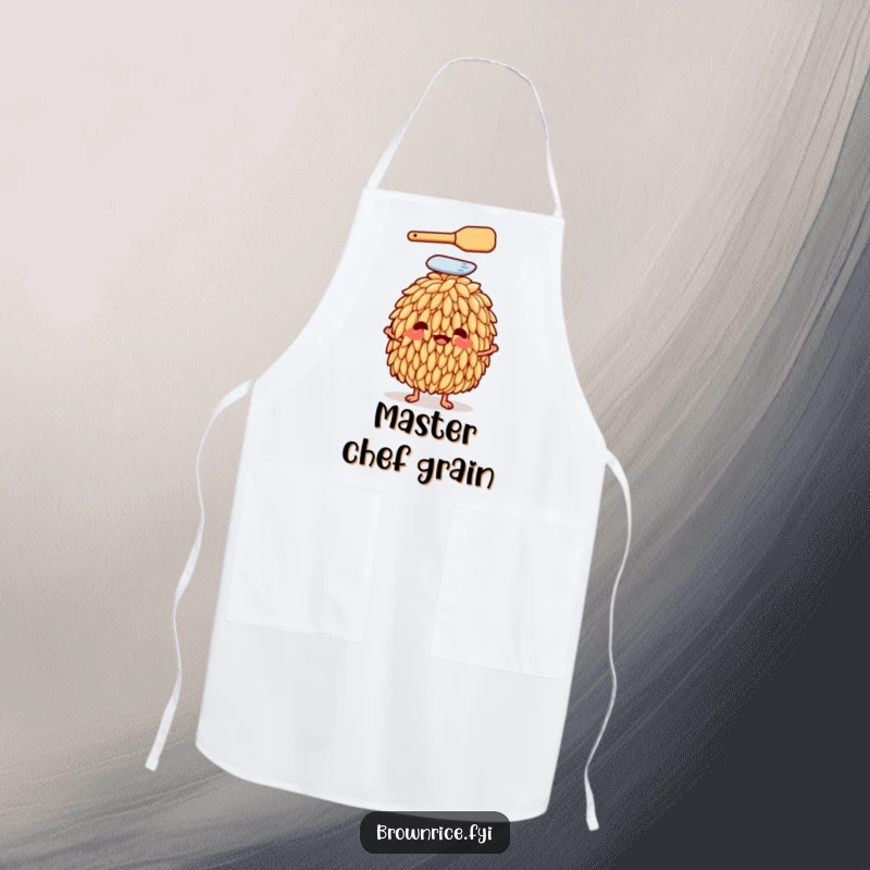Funny rice grain character with a spatula on its head on a baking apron, combining cooking and humor, a unique funny gift.