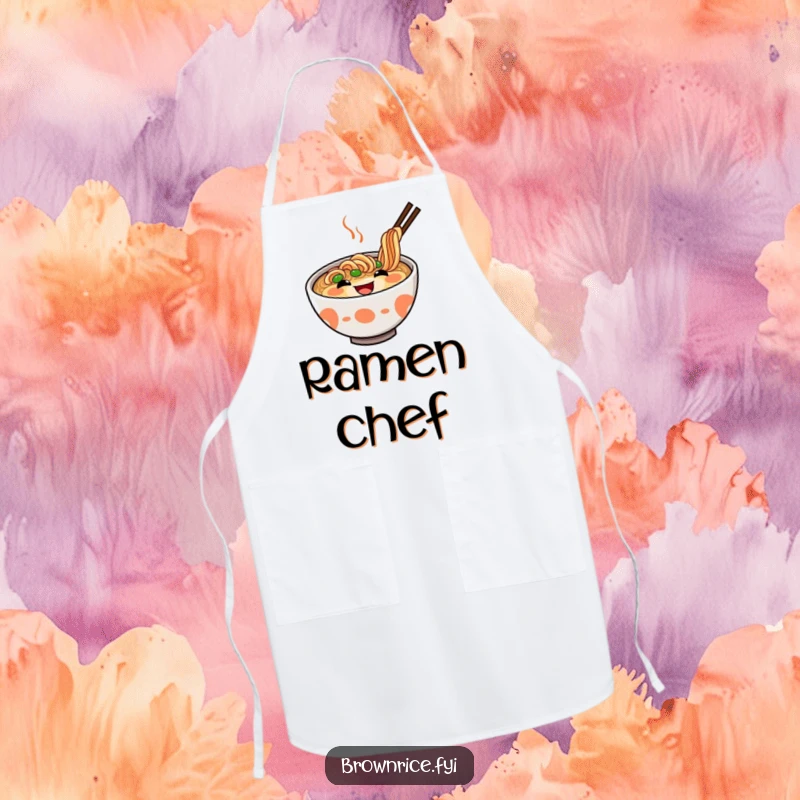 Funny Ramen Apron featuring a delighted ramen bowl with a joyful grin, protecting cooks from splashes with humor. A great funny gift.