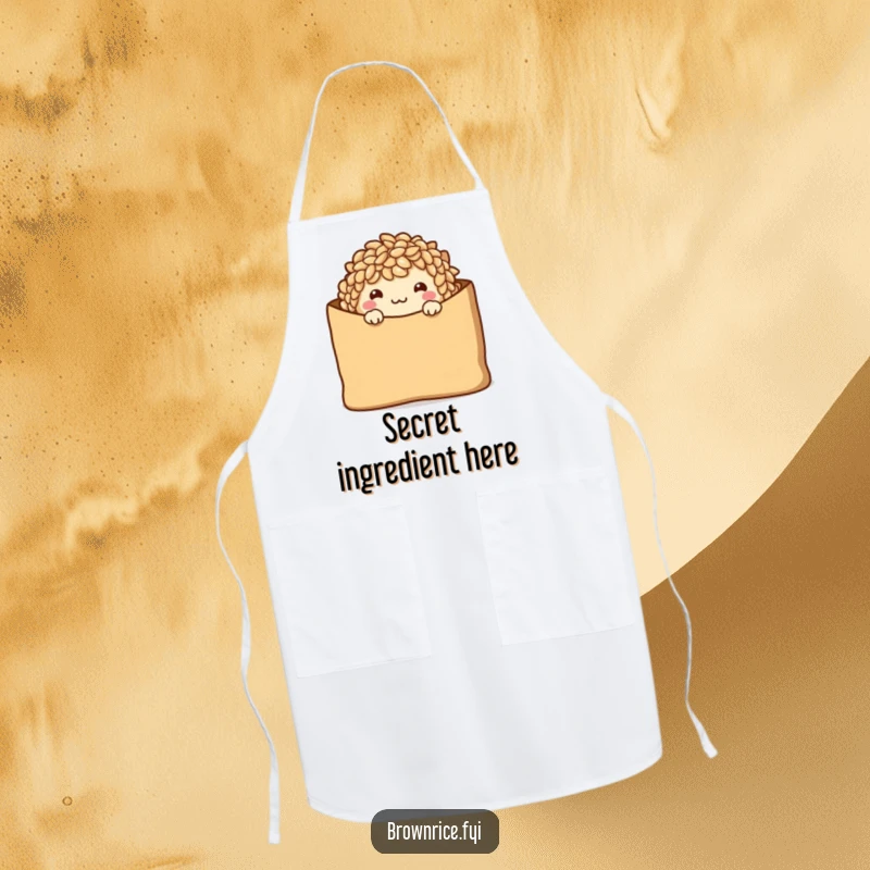 Funny Apron featuring a shy brown rice character peeking from a brown paper bag with a warm smile.