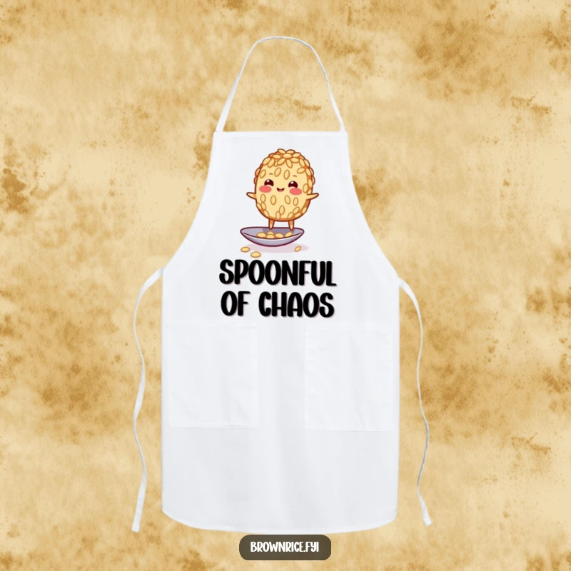 Funny wobbly brown rice grain character humorously balancing on a spoon, adding a touch of fun to this kitchen apron.