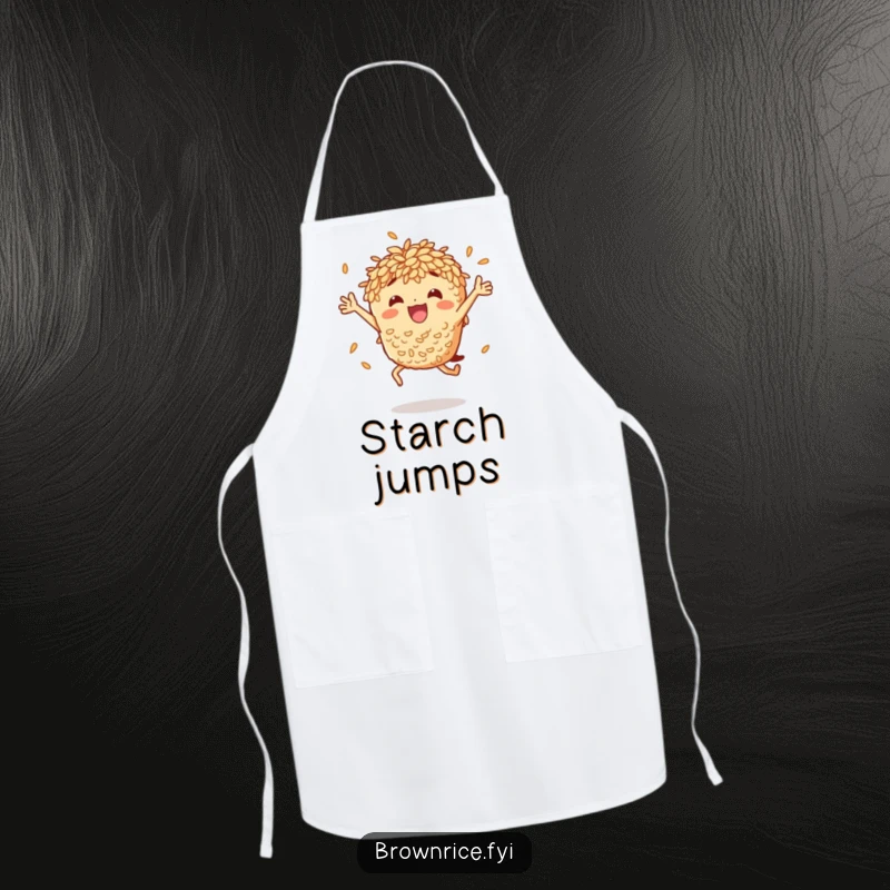 Funny brown rice character performing an enthusiastic jump, designed for a practical and humorous kitchen apron.