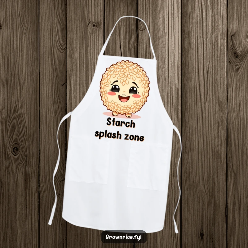 Funny brown rice character with a comically wide, starchy smile, shown on a humorous kitchen apron.