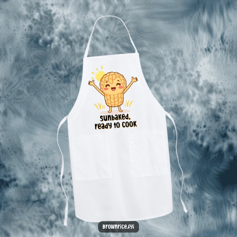 Funny apron showcasing a cheerful brown rice grain character stretching contentedly in the sun, ideal for a joyful cooking experience.