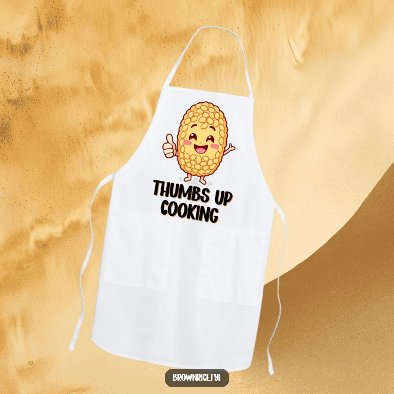 Funny jolly brown rice grain character giving a thumbs-up, adding a touch of cheerful approval to this kitchen apron.