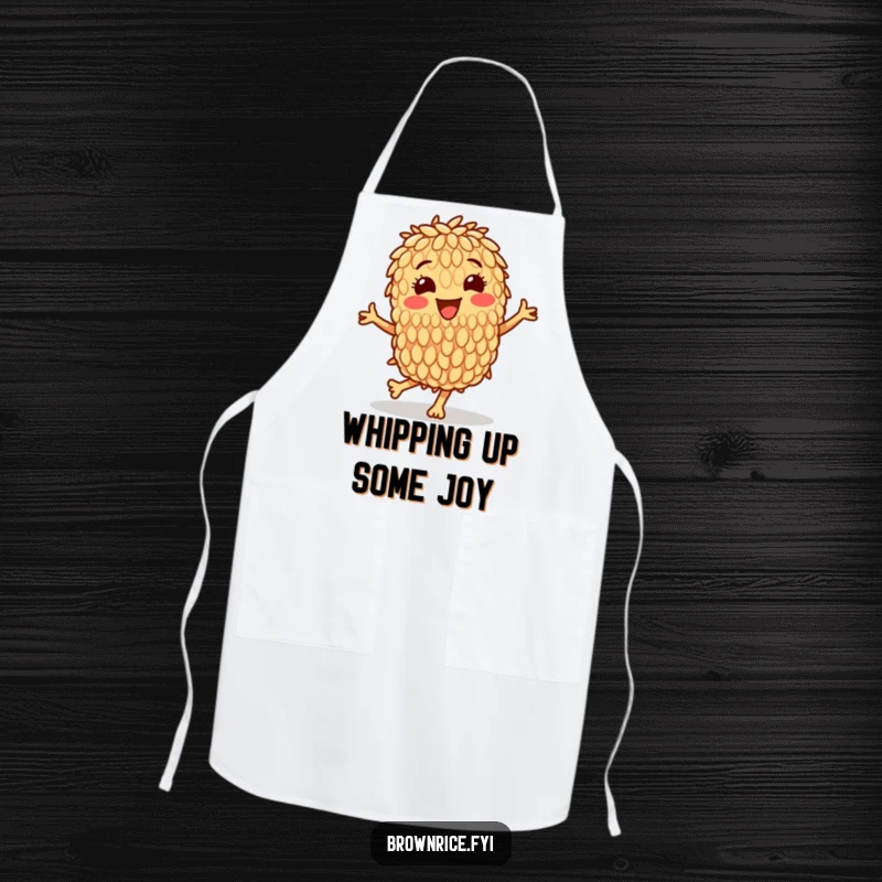 Funny apron with a cheerful brown rice grain character dancing while cooking, adding humor to kitchen activities.