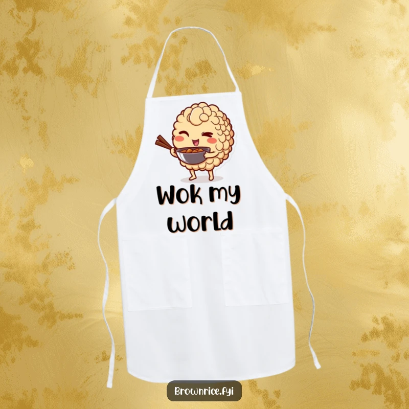Funny apron with a brown rice grain character winking playfully while holding a mini wok, ideal for chefs with charm.