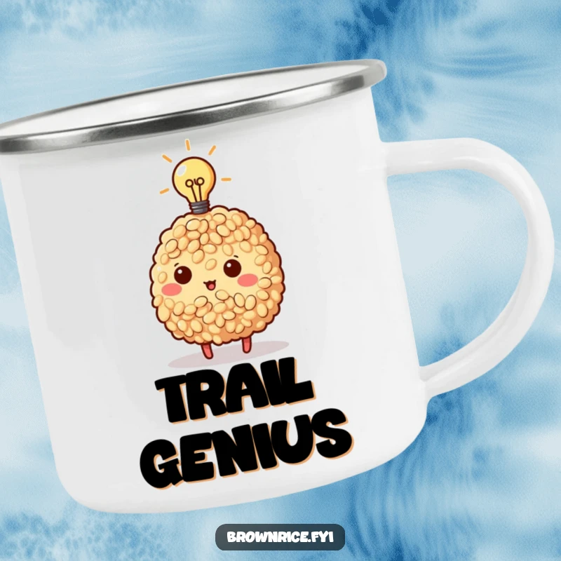 Funny Brown Rice Camping Mug featuring a brown rice character with a lightbulb, perfect for outdoor inspiration.