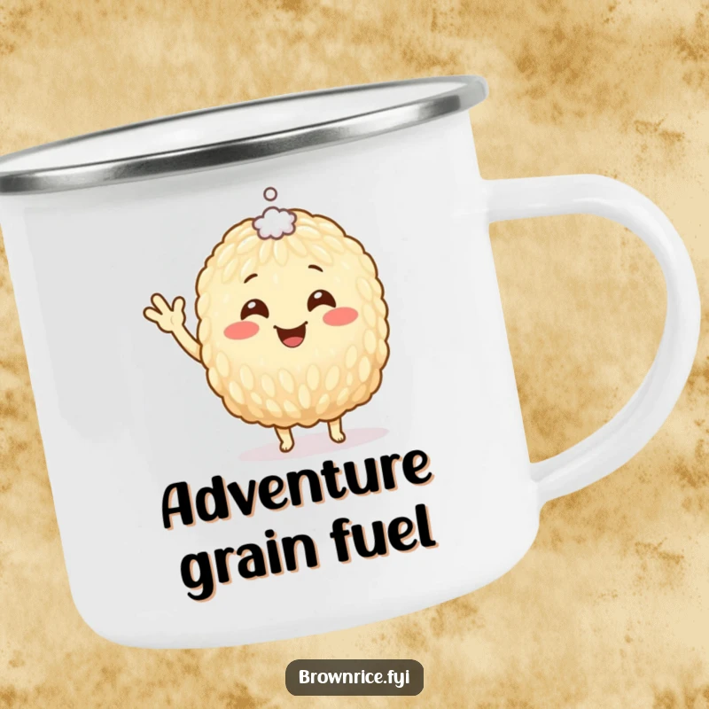 Funny Camping Mug featuring a cheerful brown rice grain character waving, a tiny salt speck on its head, for outdoor enjoyment.