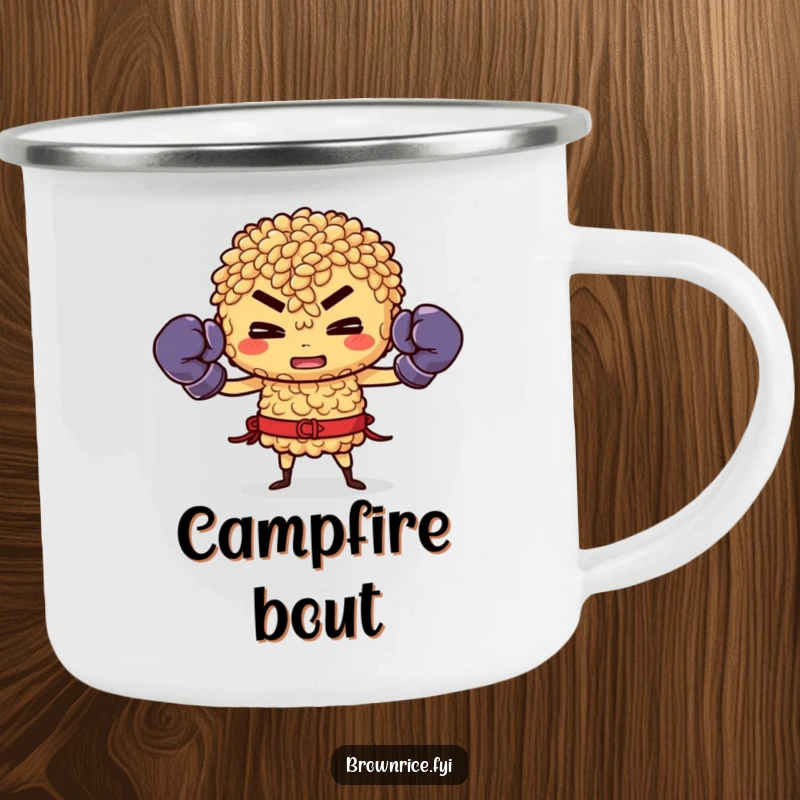 Funny Brown Rice Camping Mug: Brown rice character in boxing gloves, ready to fight, great for adventurers.