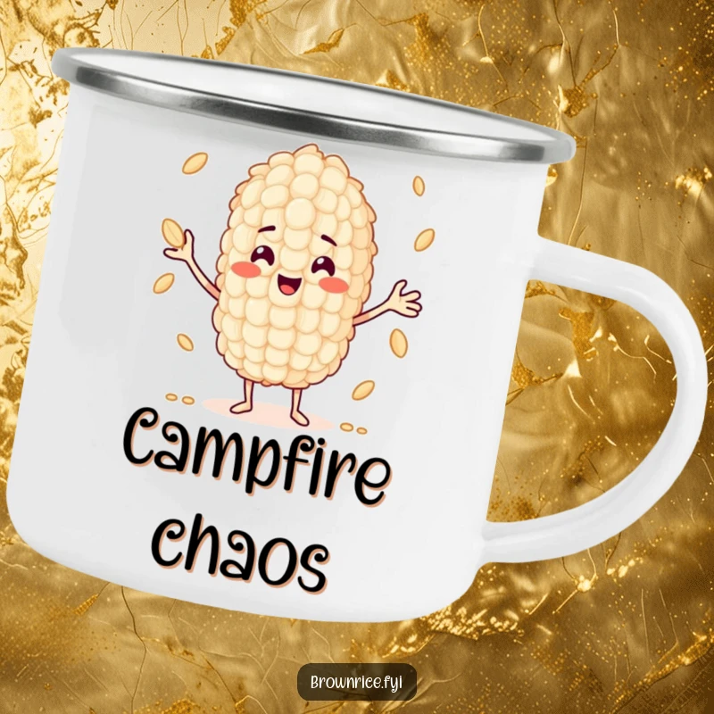 Funny smiling grain of rice character juggling small grains, perfect for a durable camping mug.