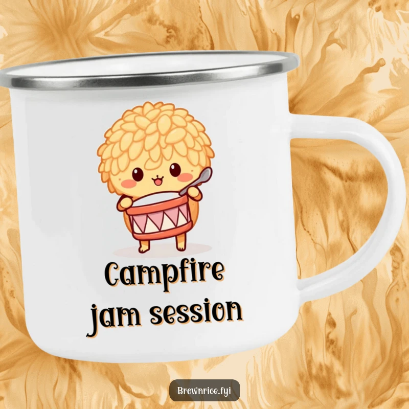 Funny brown rice character drumming with a spoon, depicted on a rugged camping mug for outdoor fun.