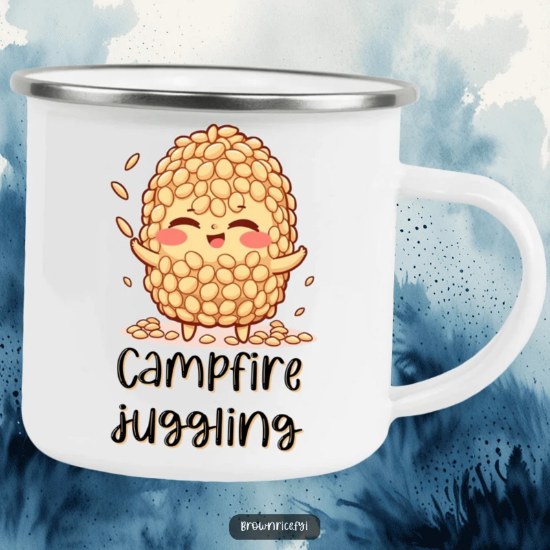 Funny brown rice character camping mug, winking slyly while juggling tiny rice grains, perfect for outdoor enthusiasts who appreciate humor.