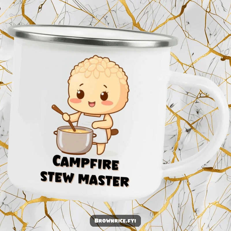 Brown rice character wearing a tiny apron, stirring a pot, adorning a durable camping mug.