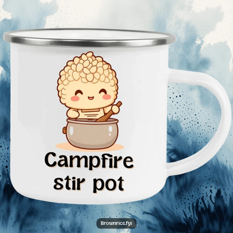 Funny Camping Mug: A brown rice character in an apron stirring a pot, perfect for campfire cooking.